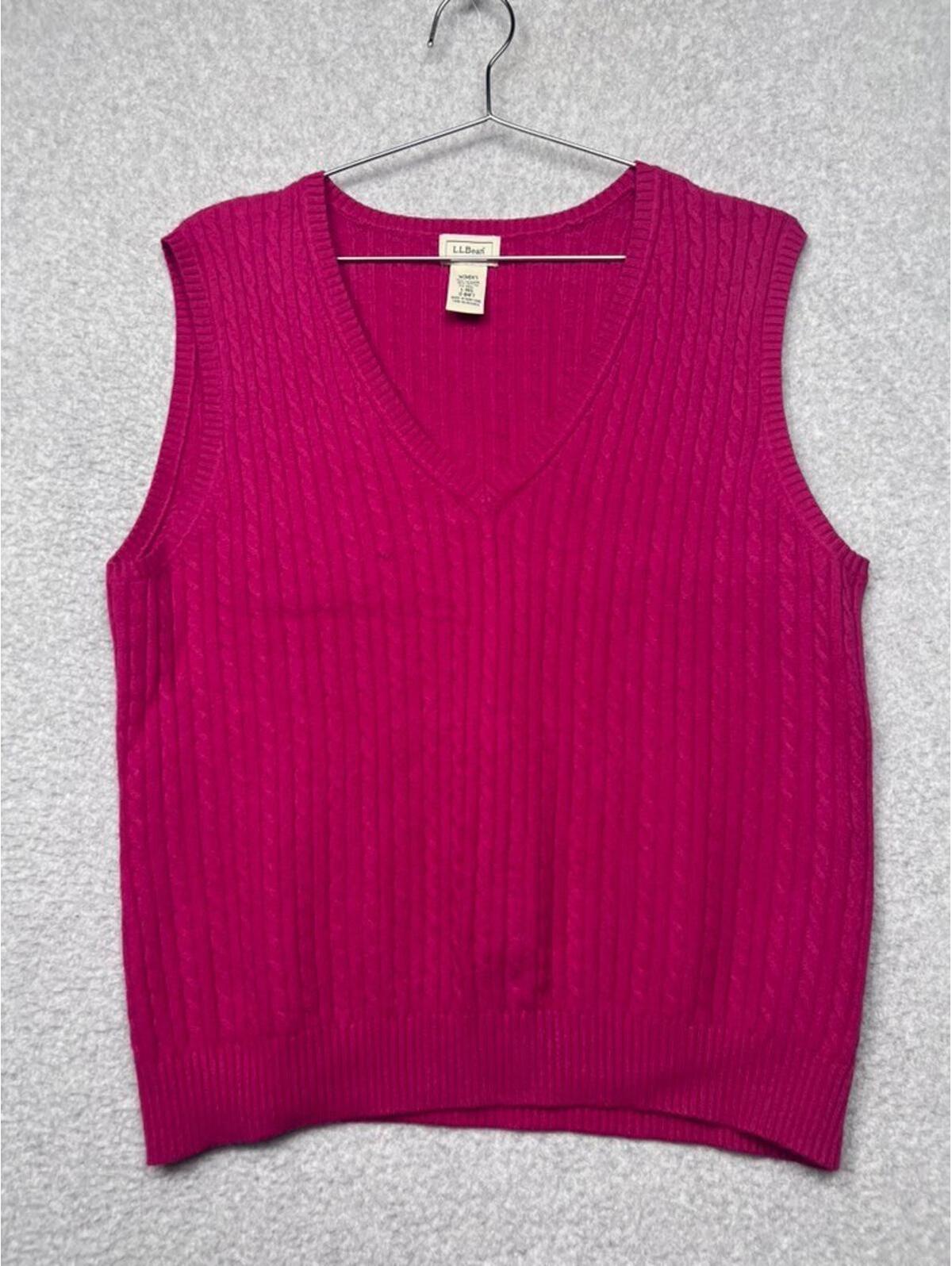 L.L.Bean Pink Cable Knit Sweater Vest V-Neck Pullover Preppy Boho Fuchsia L